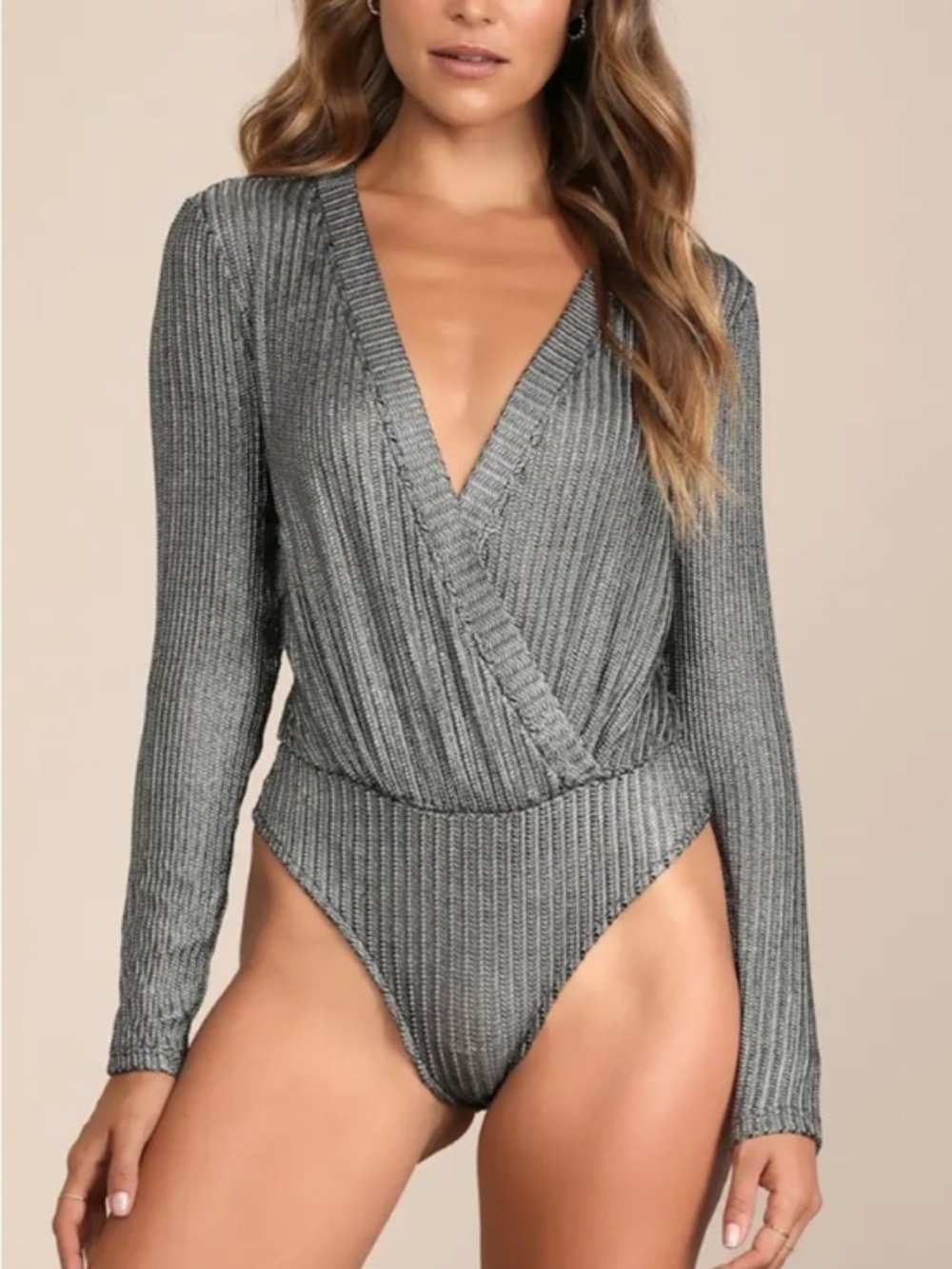Lulu's Black and Silver Metallic Long Sleeve Bodysuit
